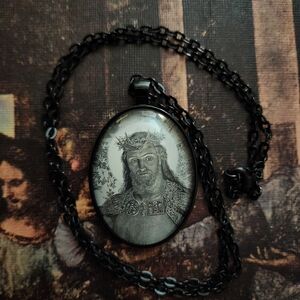 Handmade Glass Framed Black Pendant Necklace with Religious Art